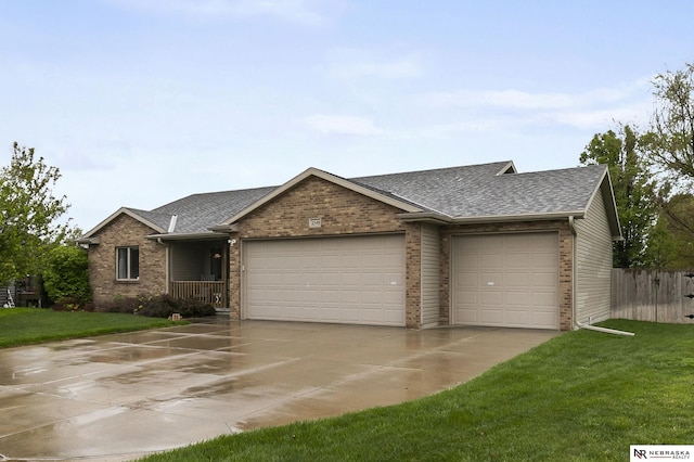 single story home with concrete driveway, brick siding, an attached garage, and roof with shingles