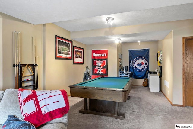 rec room with baseboards, carpet flooring, and pool table