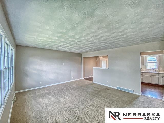 carpeted spare room featuring a sink, baseboards, a textured ceiling, and visible vents