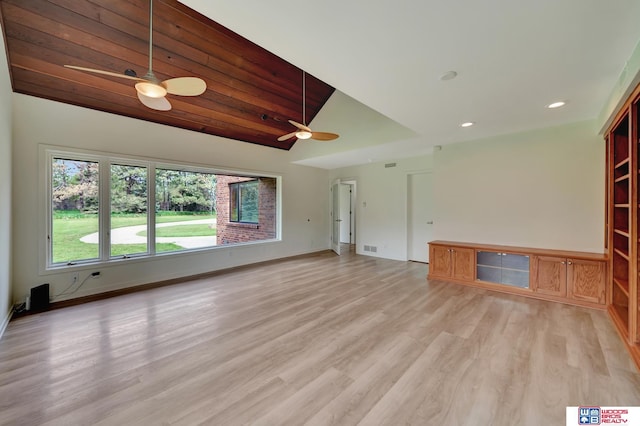 unfurnished living room featuring recessed lighting, baseboards, ceiling fan, and light wood finished floors