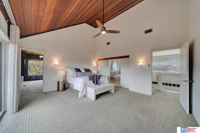 bedroom with carpet flooring, baseboards, multiple windows, and wooden ceiling