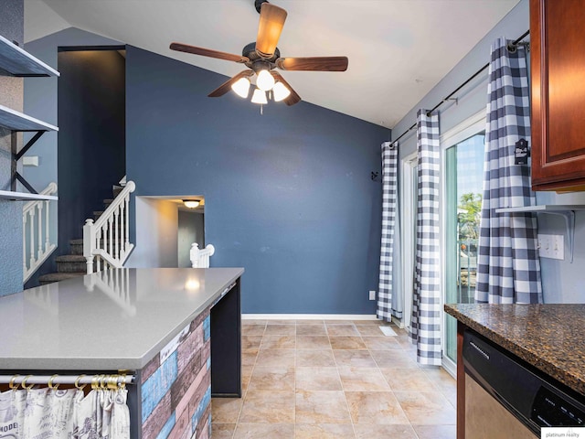 kitchen featuring lofted ceiling, stainless steel dishwasher, ceiling fan, dark countertops, and open shelves
