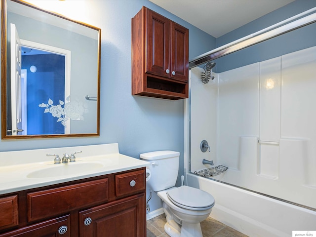 full bathroom featuring vanity, toilet, shower / bathtub combination, baseboards, and tile patterned floors