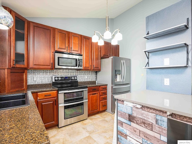 kitchen featuring appliances with stainless steel finishes, open shelves, tasteful backsplash, a chandelier, and vaulted ceiling