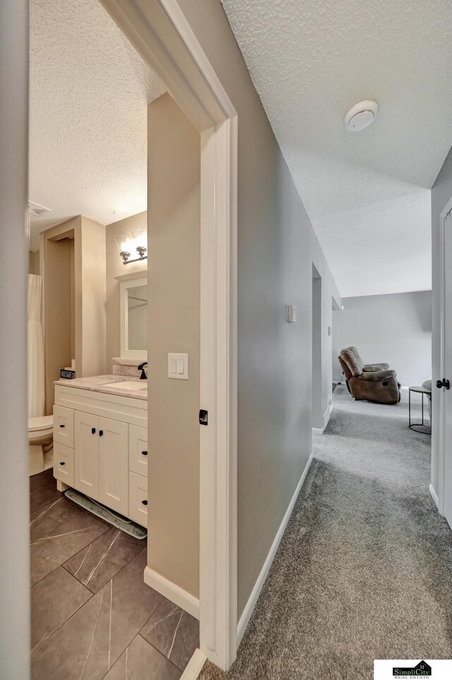 hallway with baseboards, a sink, and a textured ceiling