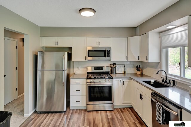 kitchen featuring backsplash, appliances with stainless steel finishes, a sink, light countertops, and white cabinetry