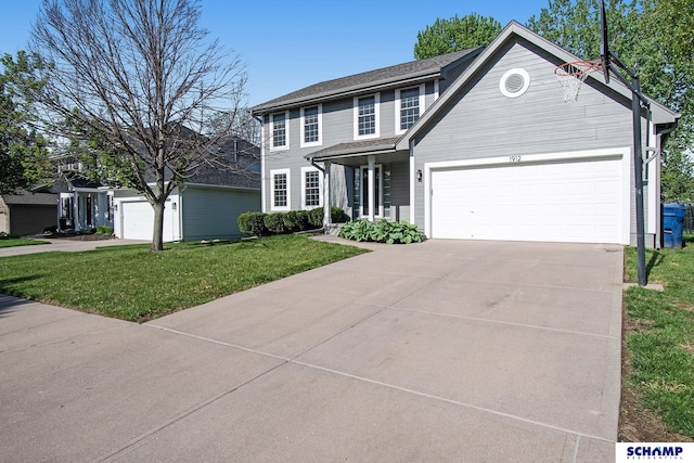 view of front facade featuring a front lawn, concrete driveway, and an attached garage