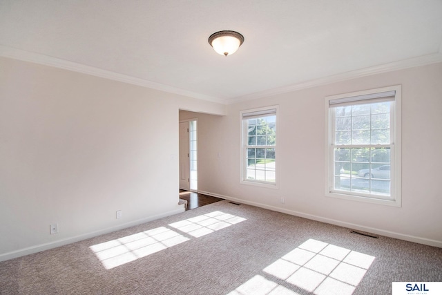 carpeted empty room with ornamental molding and baseboards
