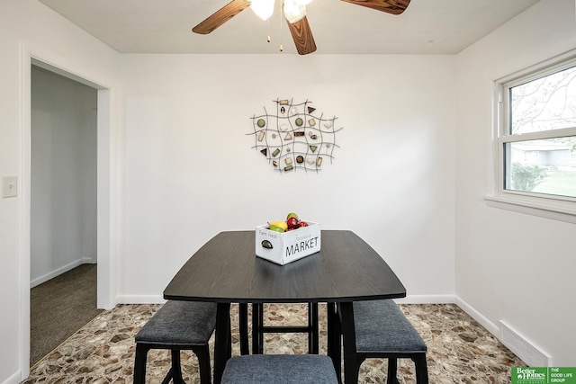 dining room with visible vents, a ceiling fan, and baseboards