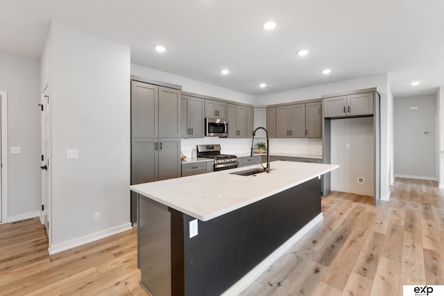 kitchen with appliances with stainless steel finishes, a sink, light wood-type flooring, backsplash, and gray cabinetry