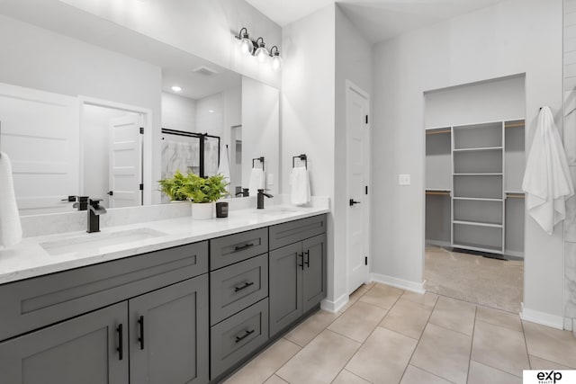 bathroom featuring double vanity, a sink, a walk in closet, and a shower stall