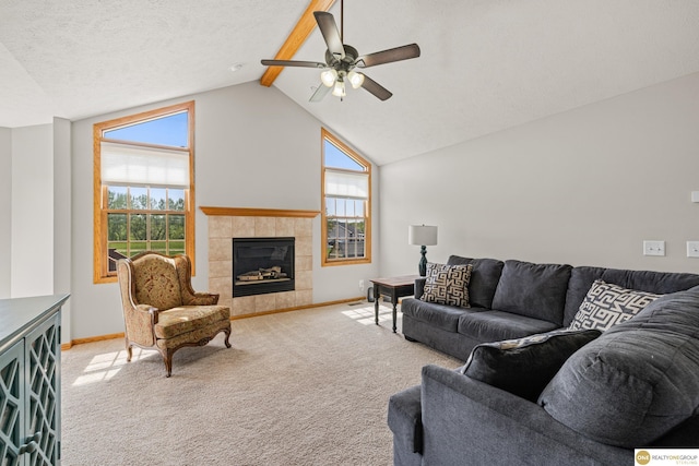 554 Shawnee Blvd, Tecumseh, NE 68450 - living room with a ceiling fan, carpet floors, baseboards, and a tiled fireplace