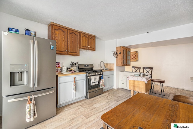 kitchen featuring light wood-style floors, light countertops, a textured ceiling, a sink, and stainless steel appliances