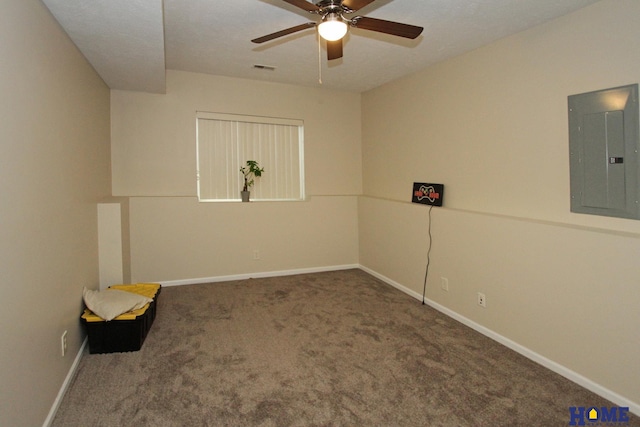 5201 N 9th Cir, Lincoln, NE 68521 - carpeted spare room featuring a ceiling fan, baseboards, visible vents, and electric panel