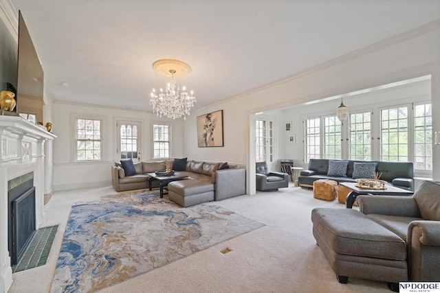carpeted living area with ornamental molding, a fireplace with flush hearth, and a notable chandelier