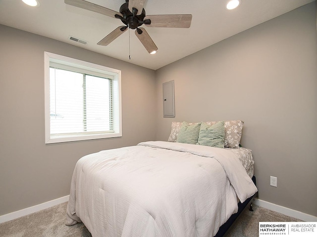 7911 N 149th St, Bennington, NE 68007 - carpeted bedroom featuring baseboards, recessed lighting, visible vents, and electric panel