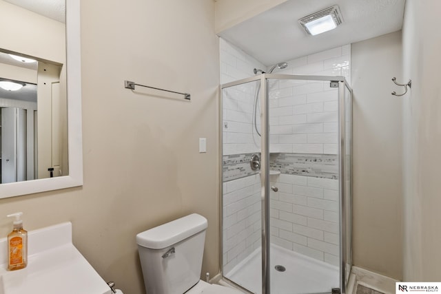full bath with a shower stall, toilet, and visible vents