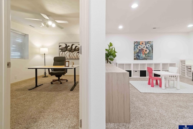 carpeted home office with a ceiling fan and recessed lighting
