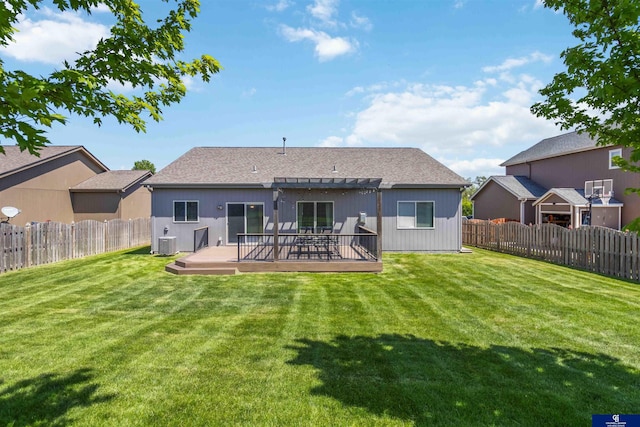 rear view of property featuring a pergola, a deck, and central air condition unit