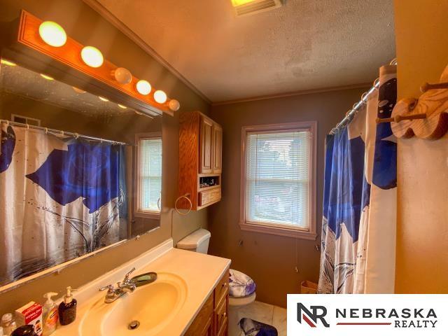 bathroom featuring vanity, toilet, a textured ceiling, a shower with shower curtain, and visible vents