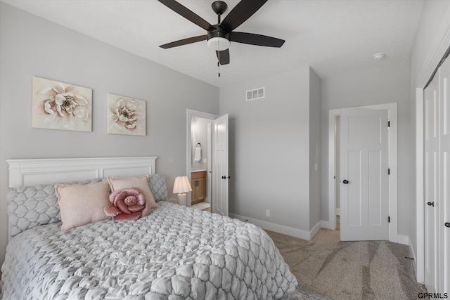 6710 S 207th Ave, Elkhorn, NE 68022 - bedroom featuring ceiling fan, visible vents, carpet floors, baseboards, and ensuite bath