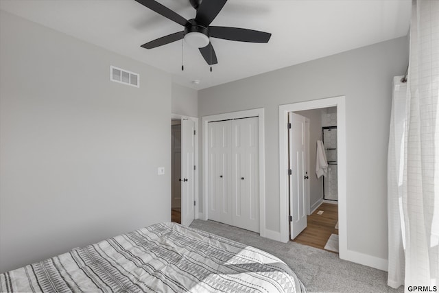 6710 S 207th Ave, Elkhorn, NE 68022 - carpeted bedroom featuring ceiling fan, baseboards, ensuite bathroom, visible vents, and a closet