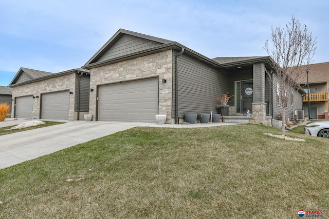 view of front facade featuring a front yard, a garage, central AC, concrete driveway, and stone siding