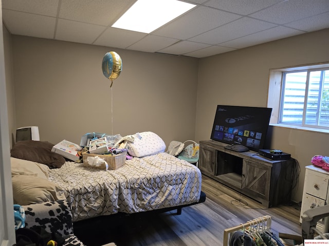 bedroom featuring wood finished floors and a paneled ceiling