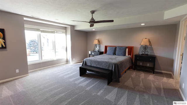 carpeted bedroom with baseboards, recessed lighting, and ceiling fan