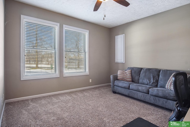 carpeted living room featuring ceiling fan, a textured ceiling, and baseboards