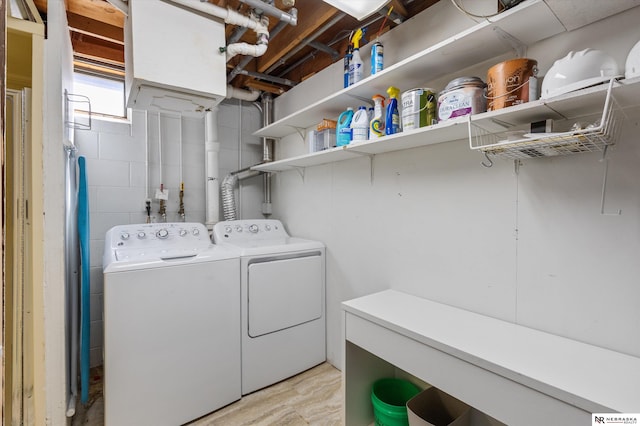 laundry area with washer and dryer and concrete block wall