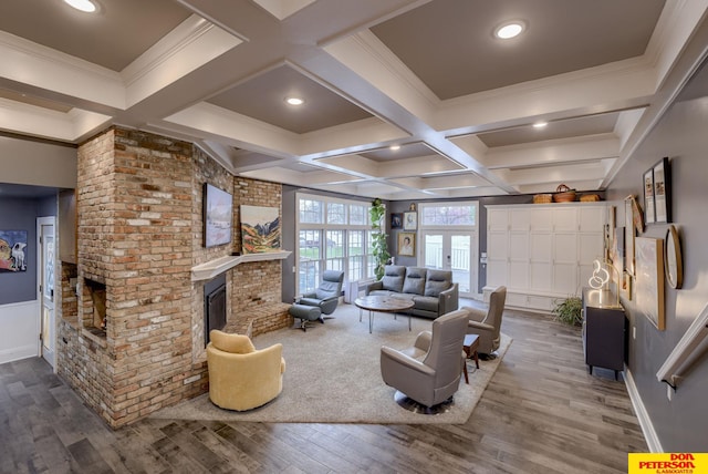 1638 N Nye Ave, Fremont, NE 68025 - living area with wood finished floors, a fireplace, crown molding, beamed ceiling, and coffered ceiling