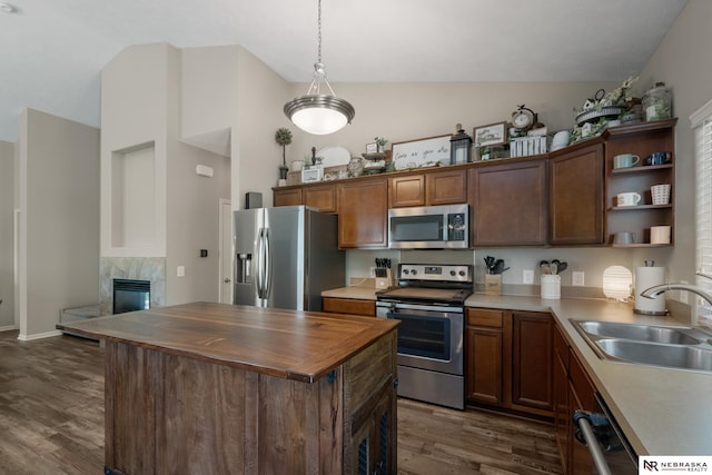 kitchen with a sink, vaulted ceiling, dark wood-type flooring, and appliances with stainless steel finishes