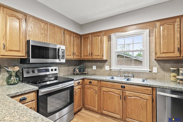 kitchen featuring light wood-style flooring, a sink, backsplash, light countertops, and appliances with stainless steel finishes