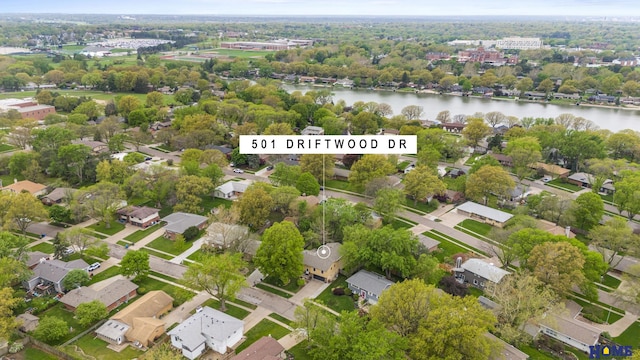 aerial view featuring a water view and a residential view