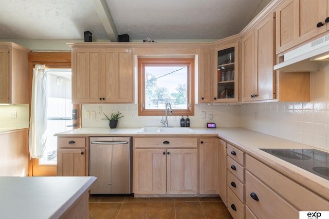S-1129 Platte Shore Dr, Fremont, NE 68025 - kitchen with a sink, dishwasher, light brown cabinets, healthy amount of natural light, and a textured ceiling