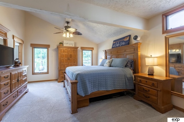 S-1129 Platte Shore Dr, Fremont, NE 68025 - bedroom with vaulted ceiling, light colored carpet, a textured ceiling, multiple windows, and baseboards