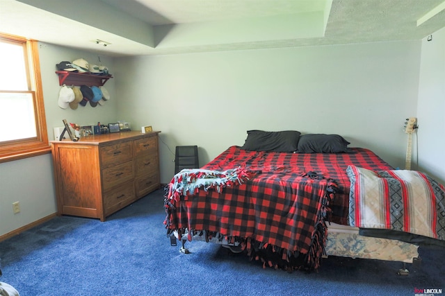 bedroom with baseboards, a tray ceiling, and carpet floors