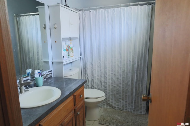 full bath with tile patterned floors, toilet, a shower with shower curtain, and vanity