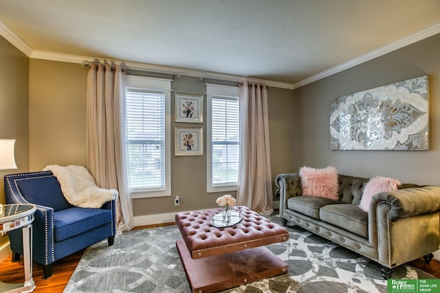 living room featuring crown molding, wood finished floors, and baseboards