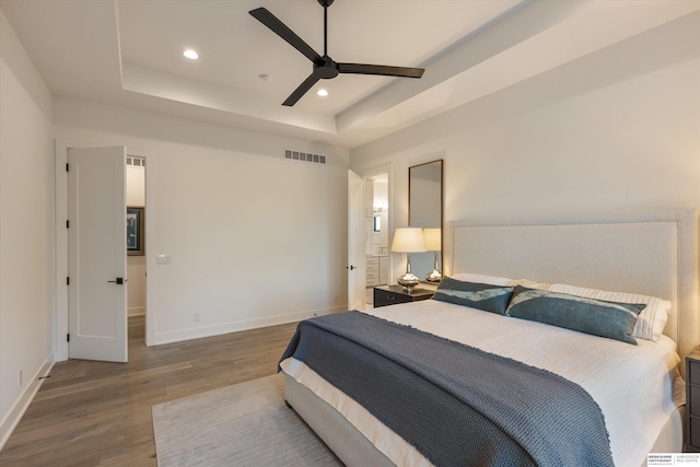 501 S 243rd St, Waterloo, NE 68069 - bedroom featuring a tray ceiling, wood finished floors, baseboards, recessed lighting, and a ceiling fan