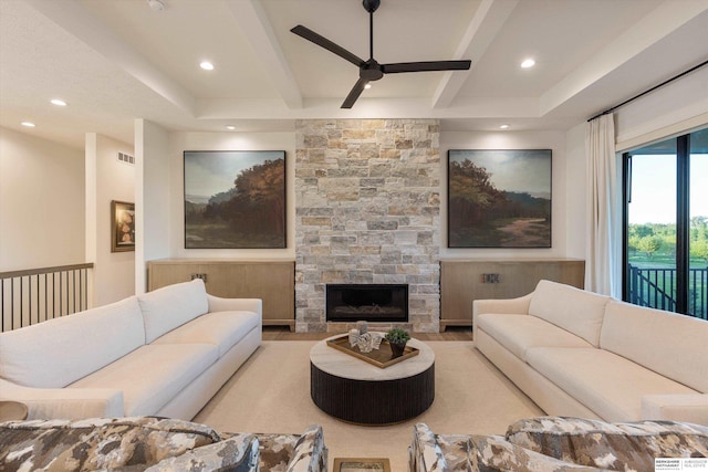 501 S 243rd St, Waterloo, NE 68069 - living area featuring ceiling fan, recessed lighting, wood finished floors, a fireplace, and beamed ceiling
