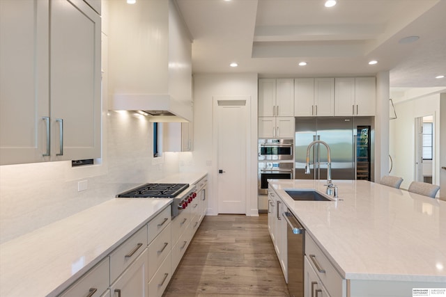 501 S 243rd St, Waterloo, NE 68069 - kitchen with stainless steel appliances, custom exhaust hood, recessed lighting, tasteful backsplash, and light wood-style floors
