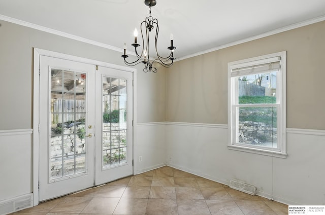 6523 Emmet St, Omaha, NE 68104 - unfurnished dining area featuring tile patterned flooring, ornamental molding, a notable chandelier, and visible vents