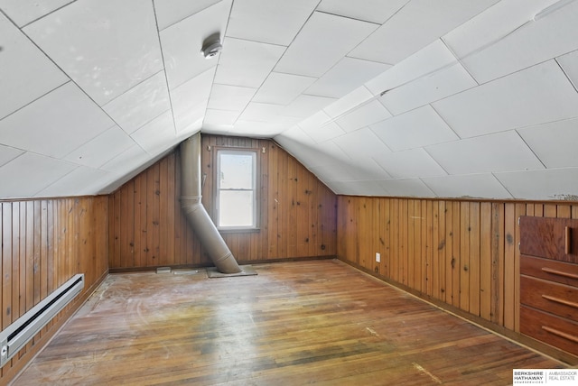 6523 Emmet St, Omaha, NE 68104 - bonus room with lofted ceiling, hardwood / wood-style floors, baseboard heating, and wooden walls