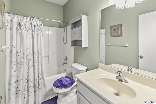 bathroom featuring toilet, shower / bath combo, and vanity