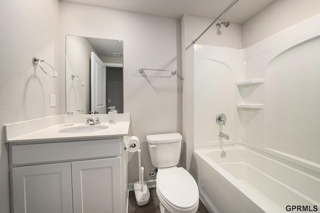 full bath with bathing tub / shower combination, toilet, and vanity