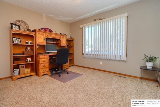 office with light carpet, a textured ceiling, and baseboards