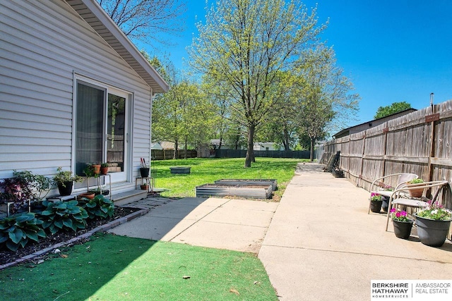 view of yard featuring a patio and a fenced backyard