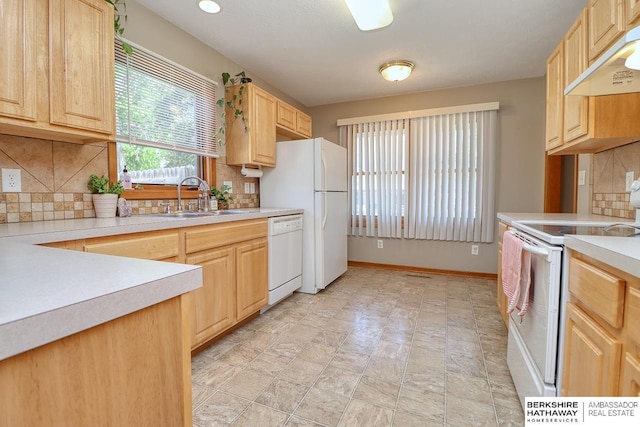 kitchen featuring a sink, light brown cabinets, white appliances, under cabinet range hood, and light countertops